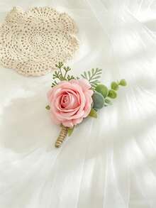 1pc/6pcs Pink Princess Rose Corsage With White Baby's Breath And Artificial Greenery, Romantic Men's Boutonniere, Suitable For Wedding Decor, Party, Daily Wear, Valentine's Day Accessory - Flesh Pink - View 3