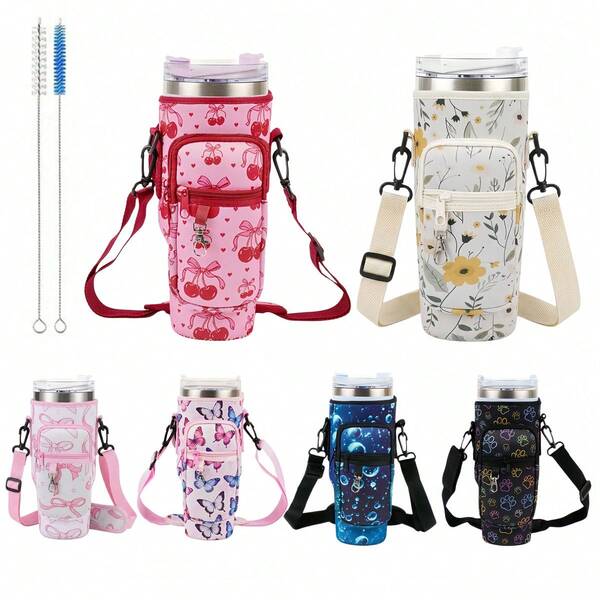 New Printed 40oz Large Capacity Water Bottle Bag, Equipped With Multi-Color Straw Cleaning Brush, Adjustable Crossbody Shoulder Strap, Phone Pocket And Card Holder, Keychain, Suitable For Students, Office Workers, Outdoor Enthusiasts And Gifts
