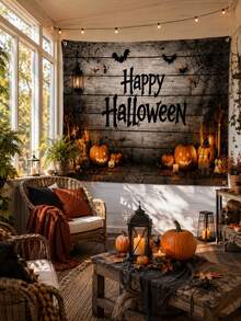 1pc Happy Halloween Backdrop, Pumpkin, Bat, Spider Web, Lantern And Rustic Wood Plank Print Polyester Rectangular Background Cloth With 4 Grommets For Living Room, Photo Booth, Haunted House, Party And Fall Decor - Multicolor - View 10