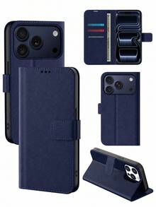 VRNOEI Multifunctional Black PU Wallet Phone Case, Compatible With IPhone 11 12 13 14 15 16 17 Pro Max, Suitable For Daily Use; Flip Wallet Phone Case, Can Hold Credit Cards - Dark Blue - View 4