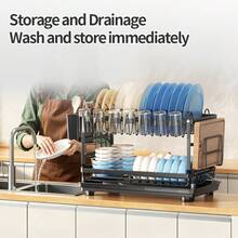 Kusuxva This Double-Layer Metal Kitchen Countertop Dish Rack Is Space-Saving And Durable. It Comes With A Knife And Fork Holder, Cup Holder, Cutting Board Holder, And Rust-Proof Drain Tray. Kitchen Storage Items Help You Keep Your Kitchen Neat And Organized. - Black - View 5