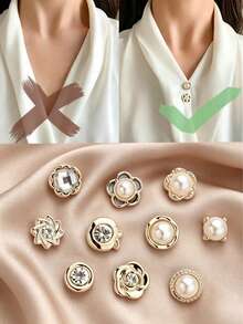 10pcs Seamless Anti-Slip Pearl Brooch Buttons, Adjustable Waist Belt Tightening Buckle, Rhinestone Flower Invisible Fixing Pin, Suitable For Shirts, Dresses And Clothing - White - View 2