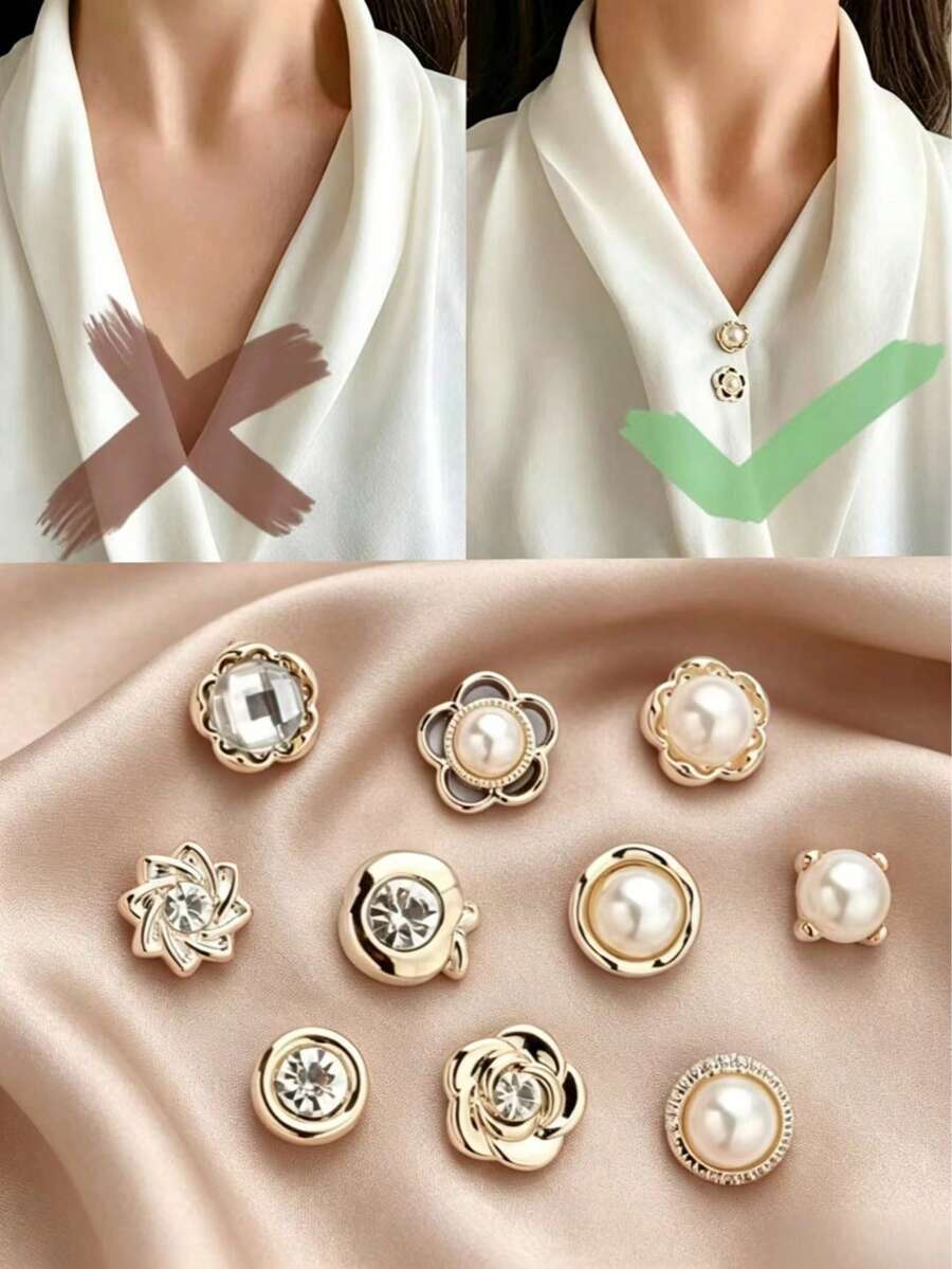 10pcs Seamless Anti-Slip Pearl Brooch Buttons, Adjustable Waist Belt Tightening Buckle, Rhinestone Flower Invisible Fixing Pin, Suitable For Shirts, Dresses And Clothing