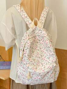 1pc White Nylon Floral Print Double Zipper Large Capacity Fashion Versatile Backpack, Student Bag - White - View 8