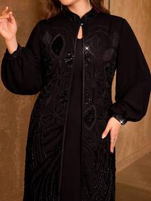 SUPGIR [Random Cut] Plus Size Women's Stand Collar Lantern Sleeve Sequin Patchwork Satin Dress, Elegant - Black - View 1