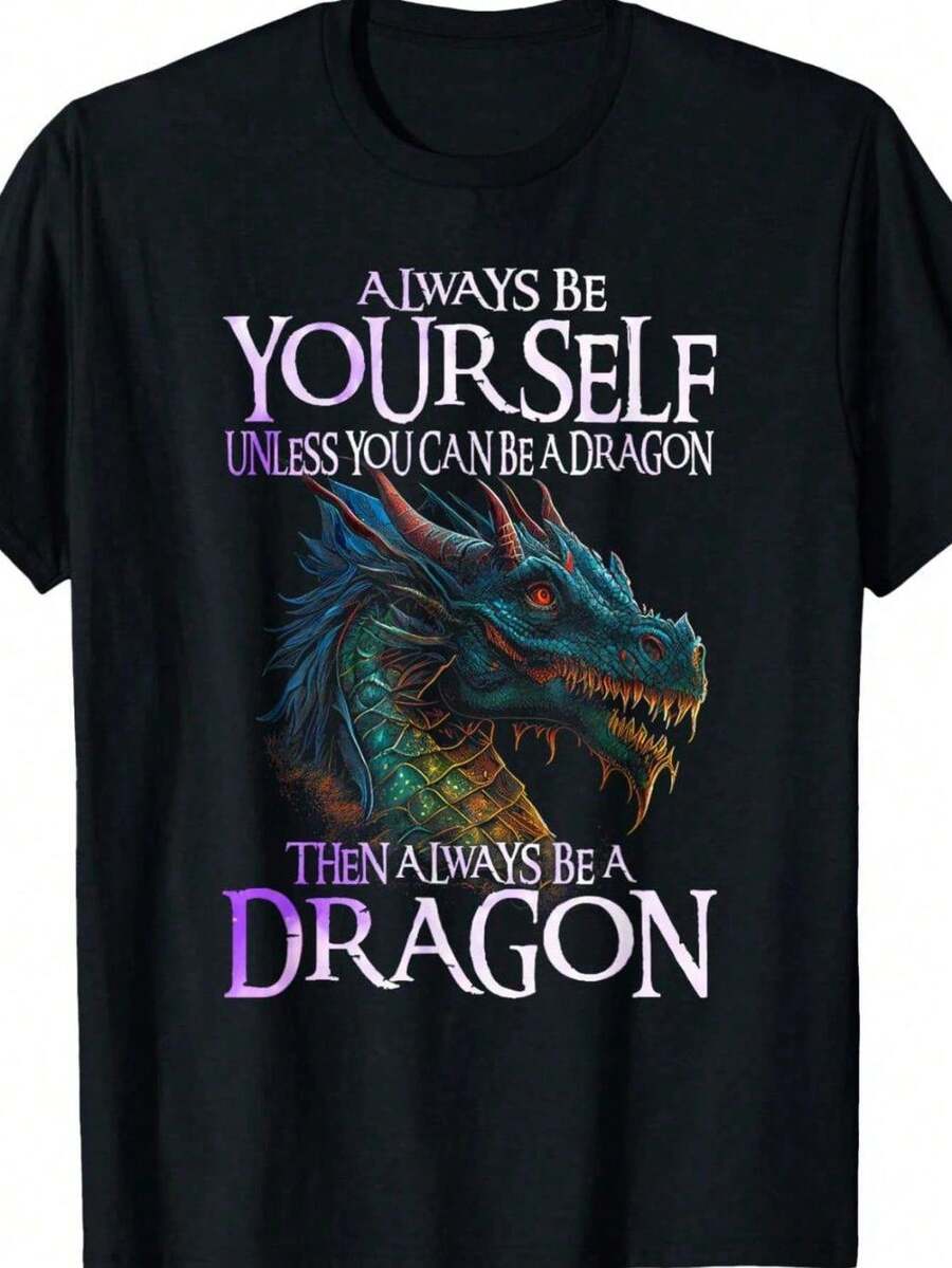 Camisetas de Verano, Camiseta Casual Holgada con Estampado de Dragón y Frases Motivacionales para Hombre, Camiseta para Mujer, Top Negro, Ropa para Vacaciones - Negro - Ver 1