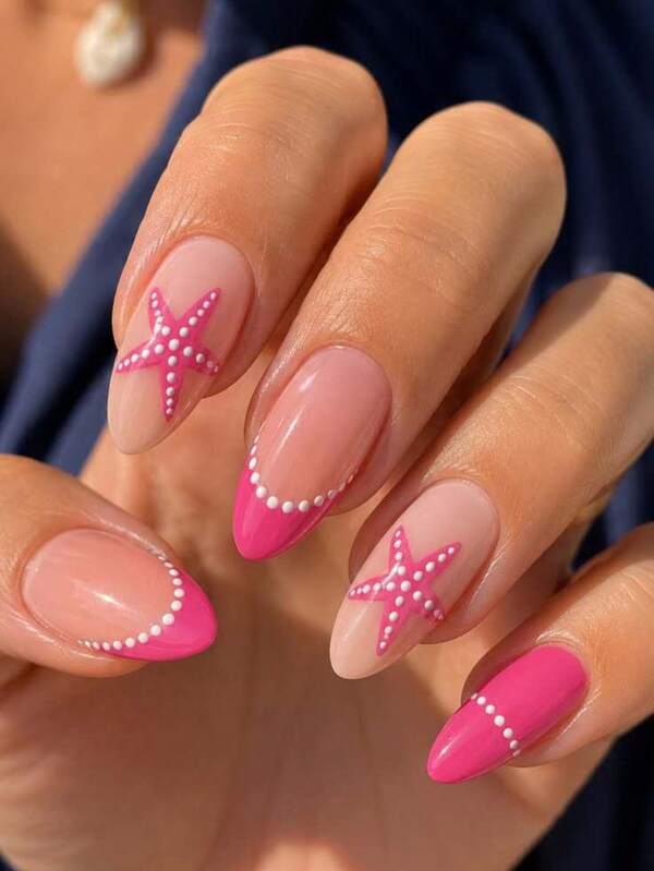 24 piezas de uñas postizas de almendra rosa fucsia, patrón de estrella de mar rosa medio con puntos blancos, set de uñas acrílicas falsas con degradado nude, incluye 1 pieza de gel de gelatina y 1 pieza de lima de uñas, manicura de playa de verano, adecuado para mujeres y niñas, cuidado de uñas diario para vacaciones en la playa