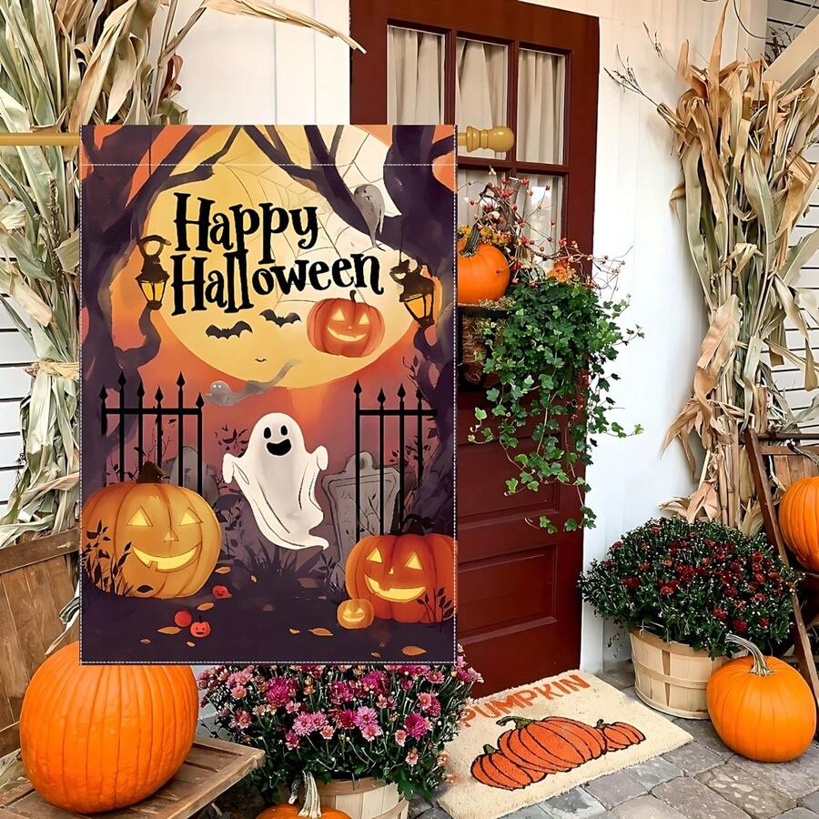 1 pieza Bandera de jardín de Halloween feliz, Bandera de jardín de calabaza y murciélago lindo, Decoración de calabaza para exteriores, Bandera de Halloween de 12x18 pulgadas Decoración de jardín, Decoración del hogar de doble cara, Decoración de patio, Decoración de exteriores, Decoración de césped, Solo bandera, Decoración de Halloween, Exhibición estacional, Decoración festiva, Bandera temática, Material duradero, Bandera decorativa, Entusiasta de las fiestas, Entusiasta de Halloween, Poste de bandera no incluido (Impresión plana 2D) - 1 artículo - Ver 1