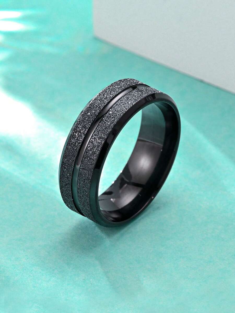 1 chiếc nhẫn thép không gỉ màu đen mờ cạnh vát, nhẫn thời trang cho nam và nữ, đeo hàng ngày - màu đen - Xem 1
