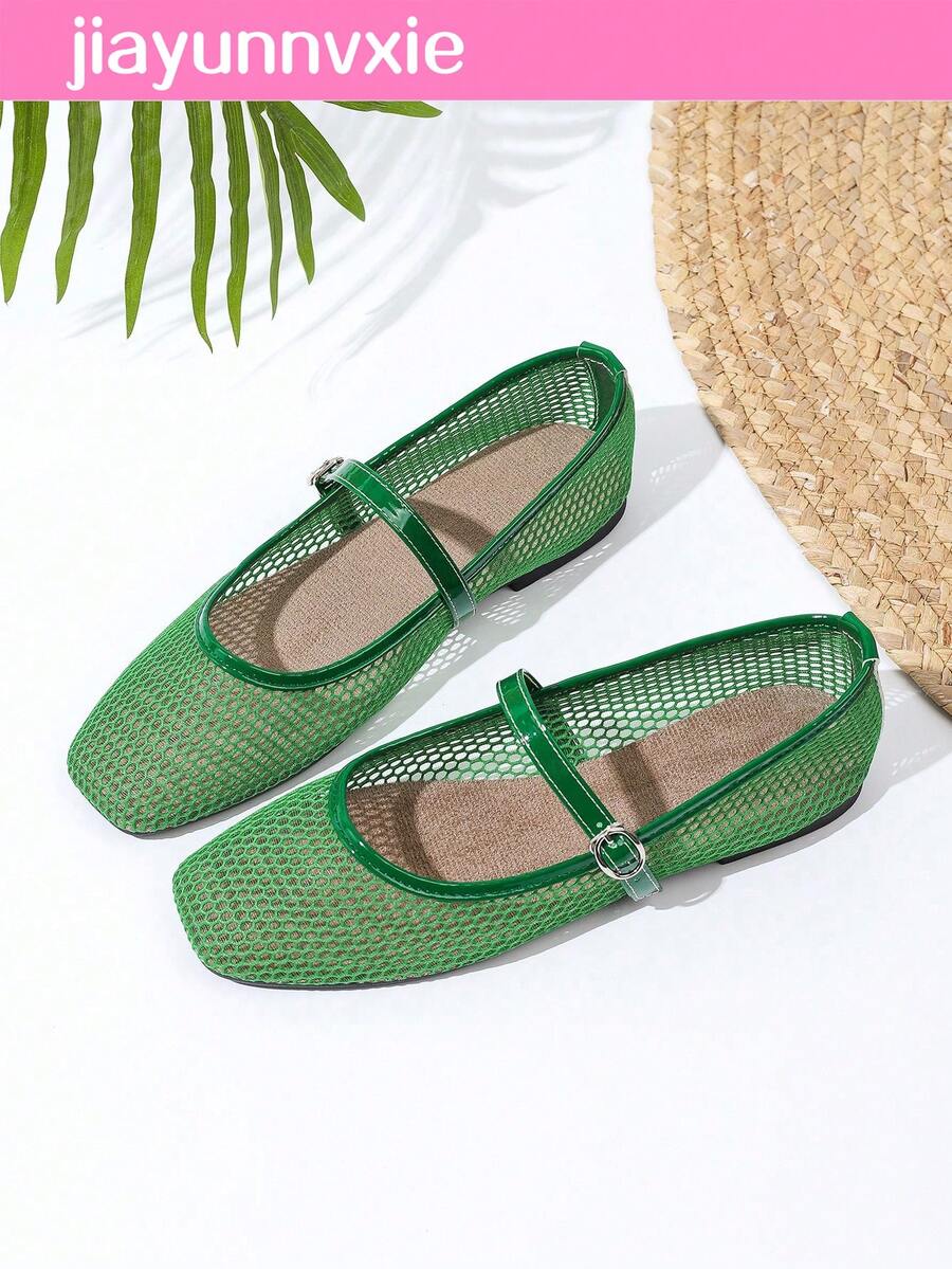 Sepatu Balet Jala Wanita, Sepatu Kasual Ujung Persegi yang Bernapas, Sepatu Datar Sol Lembut yang Modis dan Nyaman