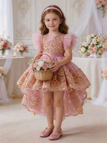 Girls' Elegant Flutter Sleeve Gold Thread Embroidered Train Dress, Puff Skirt Party Dress, Wedding Flower Girl Dress, Evening Gown - Pink - View 8