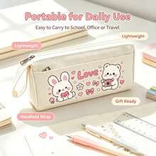 Cute Cartoon Rabbit & Bear Canvas Pencil Case, Heart Pattern Large Capacity Pencil Pouch, Perfect Back To School Gift For Kids, First Day Of School - Multicolor - View 1