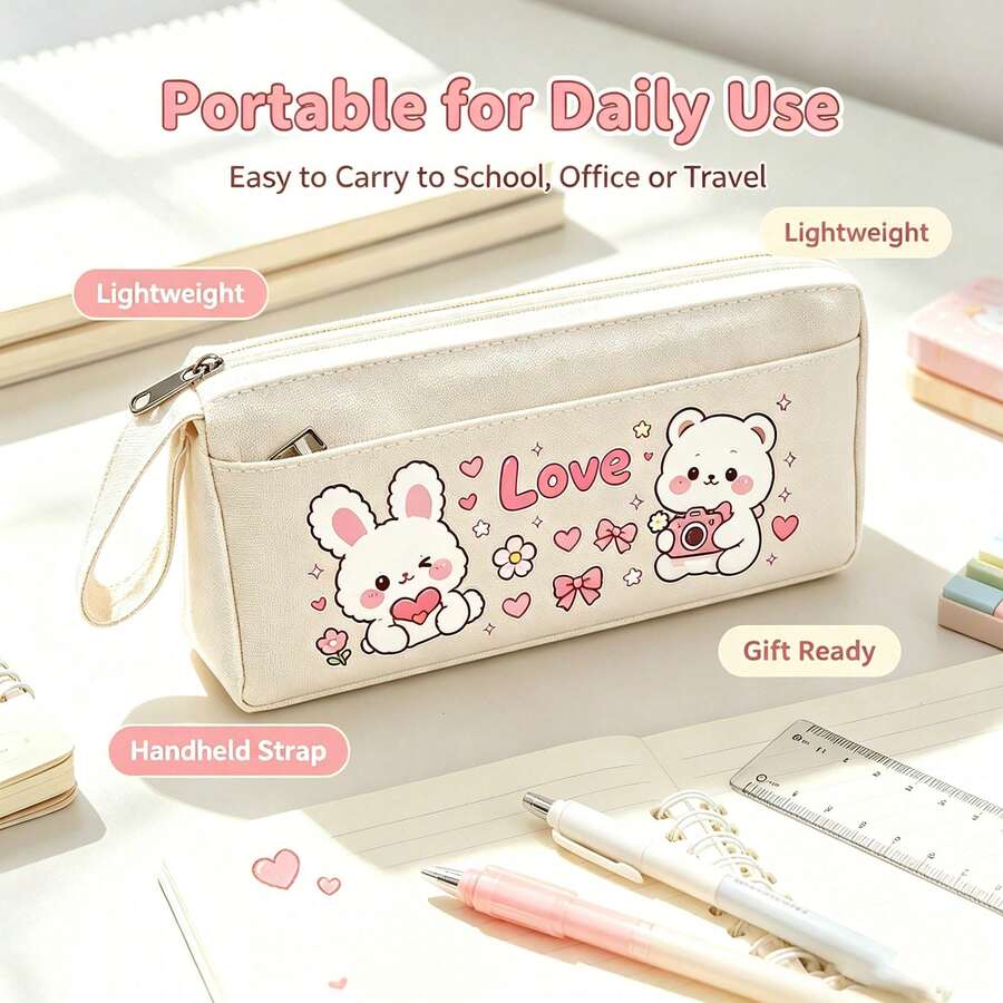Cute Cartoon Rabbit & Bear Canvas Pencil Case, Heart Pattern Large Capacity Pencil Pouch, Perfect Back To School Gift For Kids, First Day Of School - Multicolor - View 1