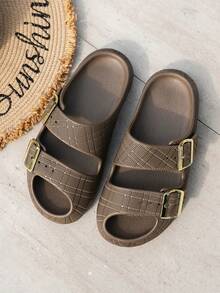 New EVA Thick Sole Slippers, Casual Comfortable Outdoor Wear Sandals, Double Buckle Adjustable Size, Lightweight Non-Slip Beach Shoes For Women - Khaki - View 7