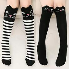 1 Pair Cute Cartoon Cat Face Over-The-Knee Socks, Pure Black & Black And White Striped Long Daily Socks For Women,Halloween - Multicolor - View 1