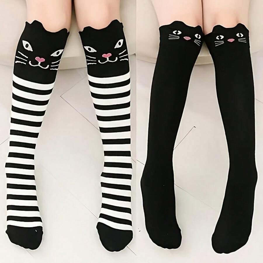 1 Pair Cute Cartoon Cat Face Over-The-Knee Socks, Pure Black & Black And White Striped Long Daily Socks For Women,Halloween - Multicolor - View 1