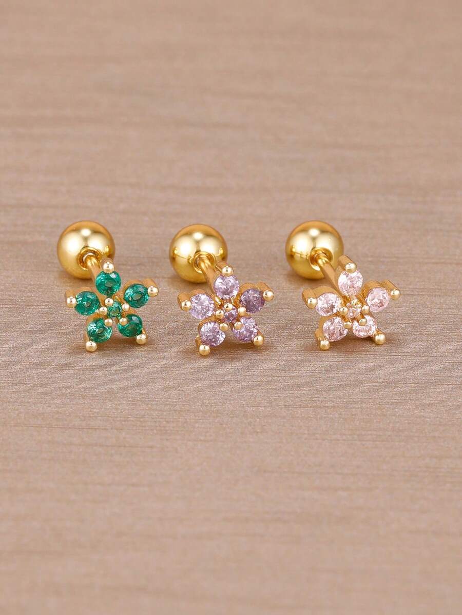 3件組不鏽鋼多色鋯石花朵槓鈴螺絲球背耳釘,18K鍍金,適合女性軟骨穿刺耳飾 - 金-7788# - 查看 1