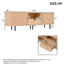 Modern TV Unit Measuring 175x40x55cm, Low Cabinet Type, With Rounded Design And Roll-Up Door, Made Of MDF, Load Capacity Up To 50 Kg, With Drawer And Open Compartments For Living Room, Natural Wood Color. - Natural Color - View 11