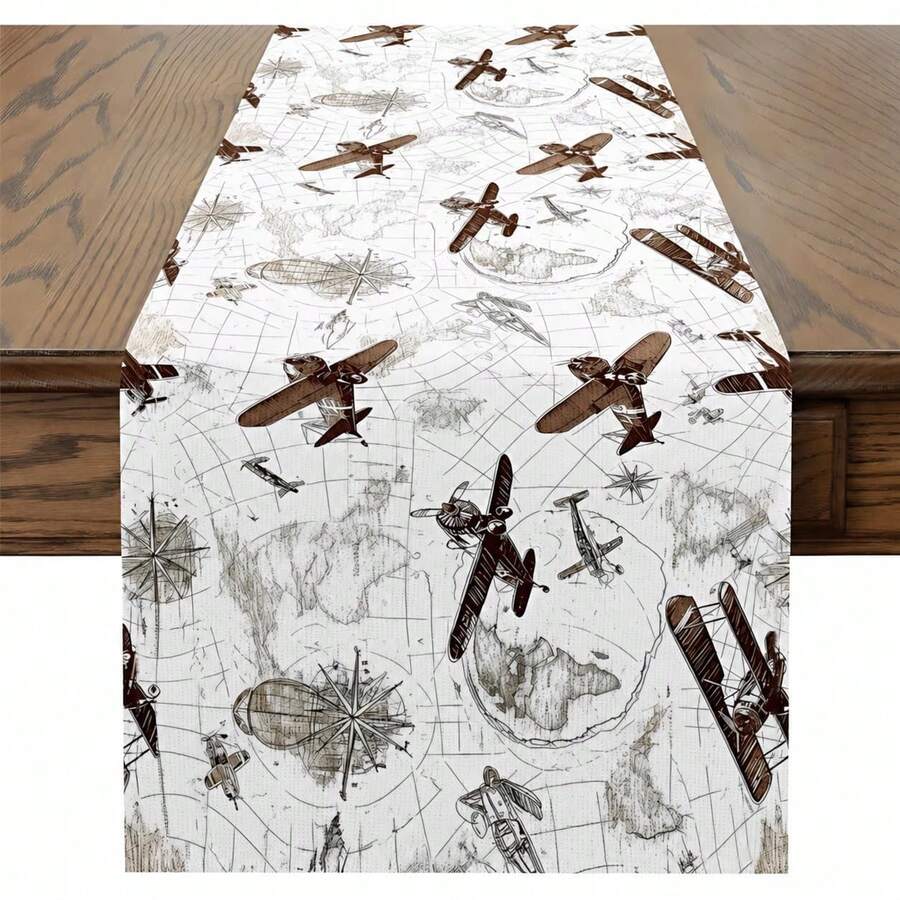1pc Aviation Theme Table Runner - Vintage Airplane And Flight Map Design, Brown Airplane Print On Beige Background - Durable Fabric Suitable For Kitchen, Dining Room, Living Room, Party Decoration - Aviation Enthusiast Home Decor, Pilot Gift, Flight Route Table Setting - Decorative Table Runner For Airplane Fans, Airplane Print Decor, Fashionable Table Centerpiece - View 1