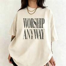 Wedding Season , Festival Essential, Worship Anyway Distressed Vintage Christian Faith Inspired Lightweight T-Shirt, Beach  Summer Outfits, Casual - 杏色 - 查看 3