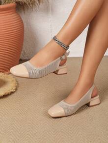 Women's Breathable Mesh & Leather Patchwork Square Toe Chunky Low Heel Back Strap Knit Apricot Slingback Pumps - Apricot - View 1