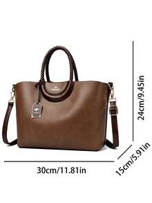 Fashionable Women's PU Leather Large Capacity Tote Bag, Solid Color Shoulder & Crossbody Bag, Suitable For Commute And Party - Brown - View 4