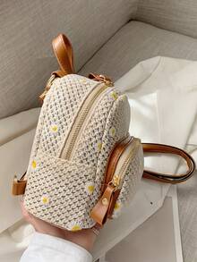 Women's Mini Faux Straw Backpack, Classic Cute 3-In-1 Travel Small Backpack, Back To School - Beige - View 4