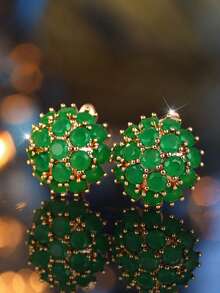 1 Pair Exquisite Cubic Zirconia Flower Earrings, Elegant Stud Earrings, Cluster Flower Design, Suitable For Weddings And Parties - Golden Yellow + Green - View 1