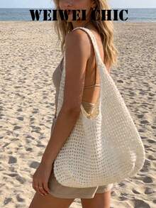Breathable Mesh Crochet Shoulder Bag, Wide Integrated Strap Simple Solid Color Versatile Summer Seaside Carry Purse - Apricot - View 5