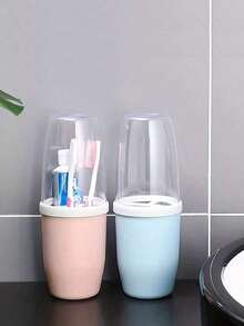 Couple Creative Toothbrush And Mouthwash Cup Set With Lid - Portable Travel Toothbrush Holder, Durable Plastic, Toothbrush Storage Set. Bathroom Toothbrush Storage Box. Portable Bathroom Toothbrush Box, Nordic Transparent Design. - C - View 7