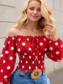 Atasan Wanita Motif Polkadot Tanpa Bahu dengan Detail Kerut, Kasual, Serbaguna untuk Pakaian Sehari-hari, Warna Merah, Cocok untuk Liburan. - Merah - View 2