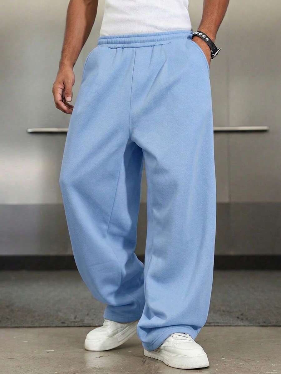 1pc Boys Loose Fit Thermal Lined Thick Warm Straight Leg Sweatpants Spring Autumn Winter - Baby Blue - View 1