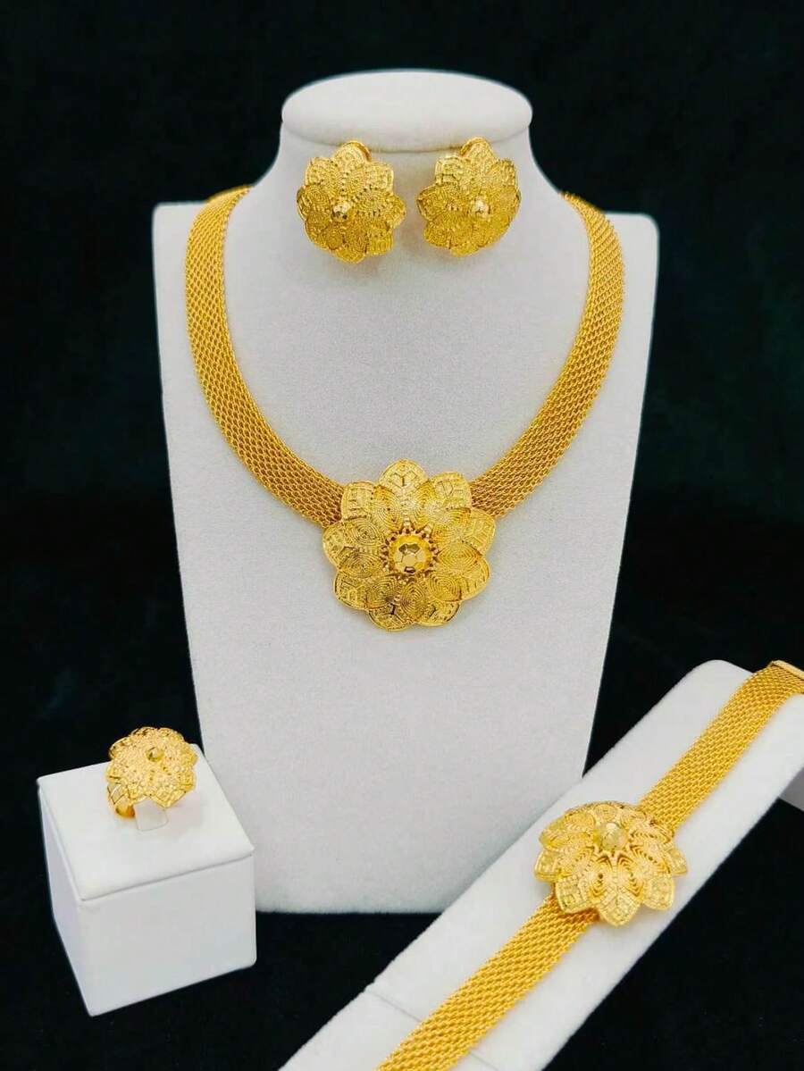 1 Necklace, 1 Pair Earrings, 1 Bracelet, 1 Ring Fashion Women's Gold-Plated Flower Pendant Jewelry Set 4pcs, Saudi Arabia, Middle East, Dubai, Europe, America, Africa, Bride, Wedding, Banquet, Date, Dress Accessories, Mother's Day, Valentine's Day, Wedding Season, Birthday, Music Festival, Holiday Gift, Daily Wear, Gift For Mom, Sister, Girlfriend - Yellow Gold - View 1