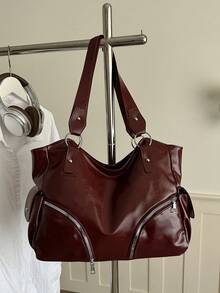 Vintage Large Capacity Tote Bag For Women, New Popular Minimalist Commuter Shoulder Bag - Red - View 6