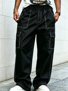 Men's Colorblock Stitching Cargo Pants, Elastic Drawstring Waist, Multi-Pocket Straight Leg Black Casual Long Pants Sports - Black - View 3
