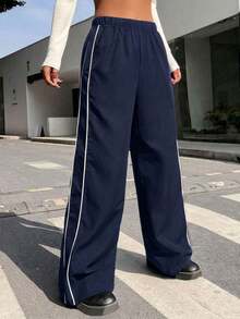 1件 青少年女孩簡約休閒百搭直筒長褲，適合運動、戶外、春夏秋冬、返校穿著 - 藍色 - 查看 1