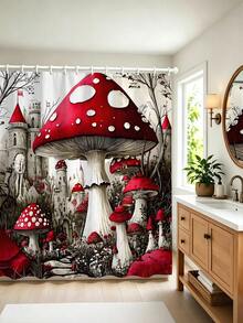 1/4pcs Red Mushroom Fairy Tale Castle Dreamy Mushroom Forest Autumn Bathroom Set, Includes Shower Curtain, Bath Mat, U-Shaped Mat, Toilet Lid Cover And 12 Hooks, Polyester Fiber Machine Washable Matching Decor, Shower Curtain, Waffle Weave Shower Curtain, Hookless Shower Curtain, Suitable For Halloween, Christmas, Autumn, Summer And Other Seasonal Holidays - Multicolor - View 20