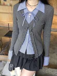 Women's 2 In 1 Cardigan, Plaid Patchwork, Tie Front And Long Sleeves - Grey - View 1
