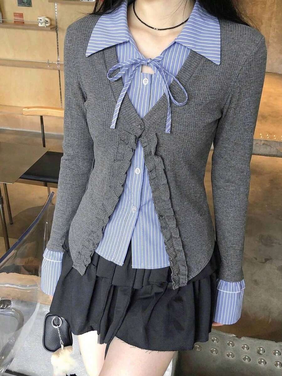 Women's 2 In 1 Cardigan, Plaid Patchwork, Tie Front And Long Sleeves - Grey - View 1