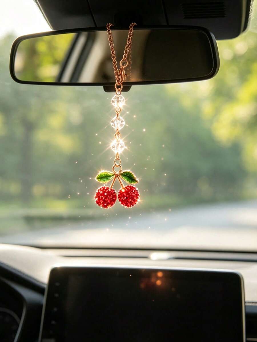 1件迷你水鑽櫻桃汽車後視鏡吊飾,車內掛飾 - A - 查看 1