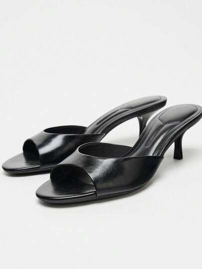 2026 Black Glossy Square Toe Open Toe Narrow Strap Thin Kitten Heel High Heel Slides For Women, Minimalist Outdoor Wear, Spring Summer Export Shoes