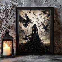 1pc Canvas Wall Art, Framed Wall Decor, Vintage Gothic Style Crows And Black Clothed Woman Canvas Painting, Dark Academia Atmosphere Oil Painting Print, Thriller Dark Pastoral Style Modern Home Decor, Room Decor, Dorm Decor, Bedroom Decor, Bathroom Decor, Kitchen Decor, Dining Room Decor, Living Room Decor, Office Decor, School Decor, Classroom Decor, Back To School Decor - Raven Girl - View 11