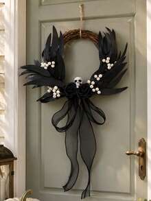 1pc Halloween Black Vine Wreath, Skull Rose Door Hanging, Black Leaf Door Decor, Woven Round Wreath, Gothic Style Door Ring, Front Door Hanging Decoration, Entryway Wall Hanging, Halloween Porch Decoration, Skull Wreath, Black Rose Decor, White Berry Accents, Gauze Ribbon Bow Hanging Decoration, Party Photo Prop, Suitable For Front Door, Living Room, Fireplace, Wall, Windowsill, Display Window, Coffee Corner, Restaurant, Office, Party Table, Halloween Holiday Decoration, Can Be Used For Doorway Welcome Decoration, Indoor Wall Hanging - Gothic Style Ornament C - View 5