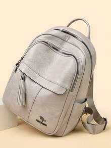 Women's High-Quality PU Leather Large Capacity Backpack, Suitable For Teenage Girls' School Backpack, Travel Backpack, Designer - Light Grey - View 2