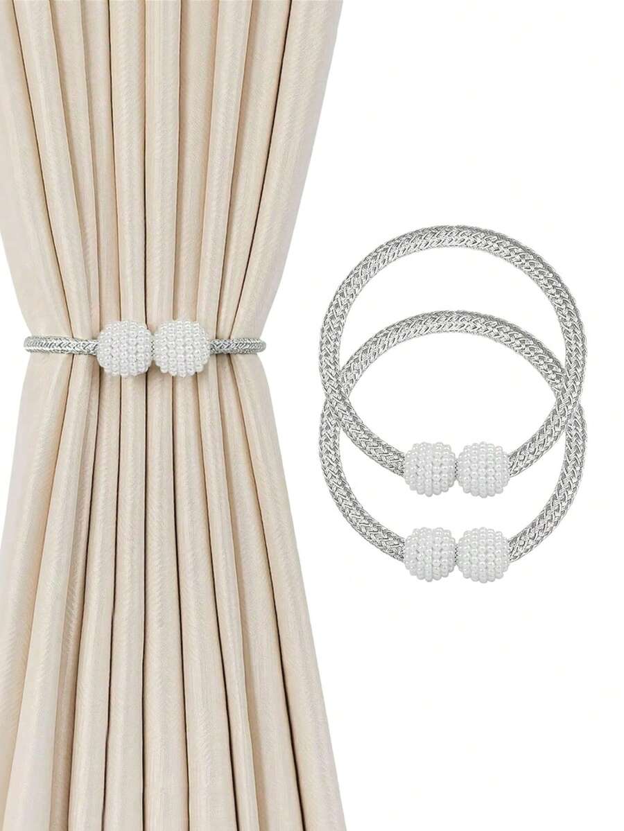 2/4/6pcs Magnetic Curtain Tiebacks,Faux Pearl Curtain Tiebacks,Pearl Decorative Rope Tie Backs,Drape Tie Backs Decorative,Window Tie Decorative Rope Fixer,Classic Necktie Design Curtain Holder Clips,Curtain Holdbacks,No-Drill,For Home Office Decor. - Multicolor - View 1