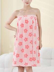1件女款刺繡珊瑚絨柔軟吸水浴袍，簡約時尚休閒日常洗澡毛巾 - 西瓜粉 - 查看 4