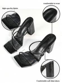 Women's Black Square Toe Chunky Heel Transparent Strap Sexy High Heel Sandals, Height-Enhancing Leg-Lengthening Fashion Versatile Comfortable Shoes - Black - View 5