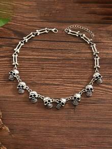 1pc Punk Skull Chain Necklace Exaggerated Collarbone Chain Dark Style Halloween Jewelry Accessory For Men And Women - Silver - View 4