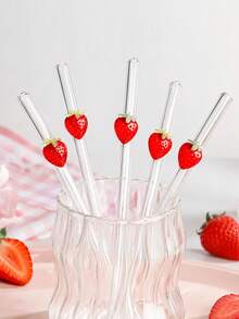 GASUDIN 1/2/5pcs Reusable High Borosilicate Glass Straws, Red Strawberry Decor, Heat-Resistant Cute Cartoon Curved Transparent Glass Drinking Straw Set, Suitable For Milkshakes, Milk Tea, Cocktails, Summer Parties And Holiday Travel - View 11
