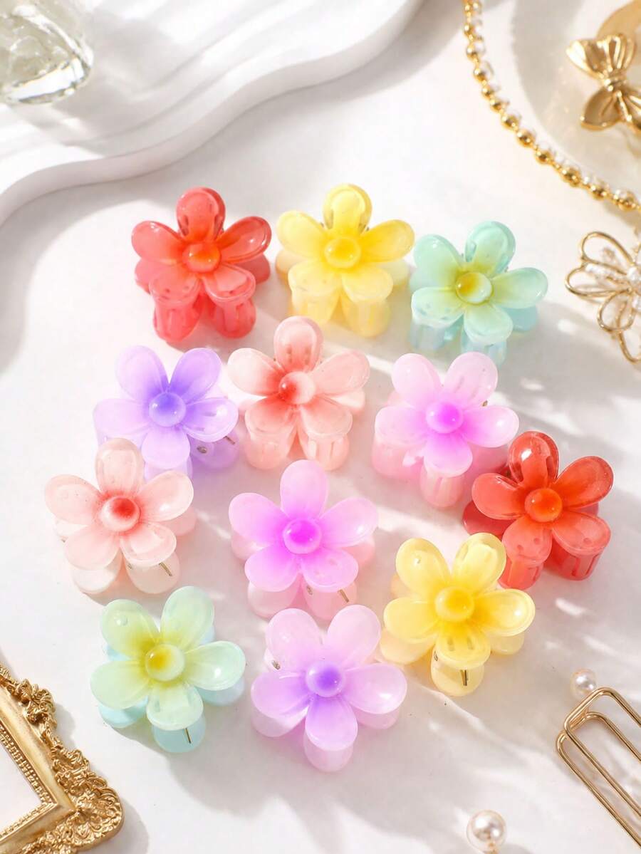 12pcs Spring/Summer Fashion Cute Hair Clip Set Gradient Color Puff Non-Slip Hair Claw Clips Small Puff Flower Design Hair Clips Suitable For Girls Attending Parties And Other Activities